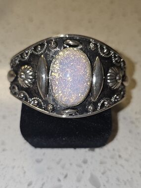 Vintage Sterling Silver Opal-Effect Statement Cuff Bracelet - Pink Purple